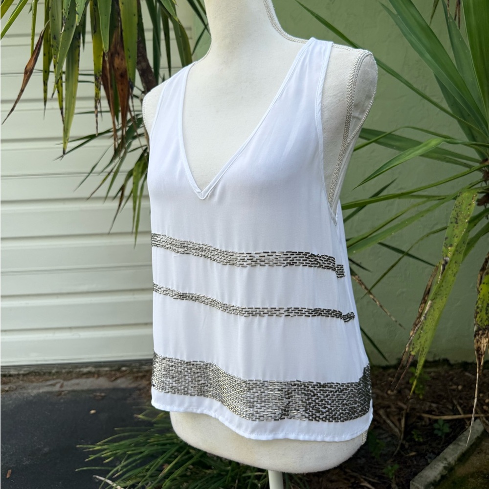 V Neck Silver and White Beaded Split back Top